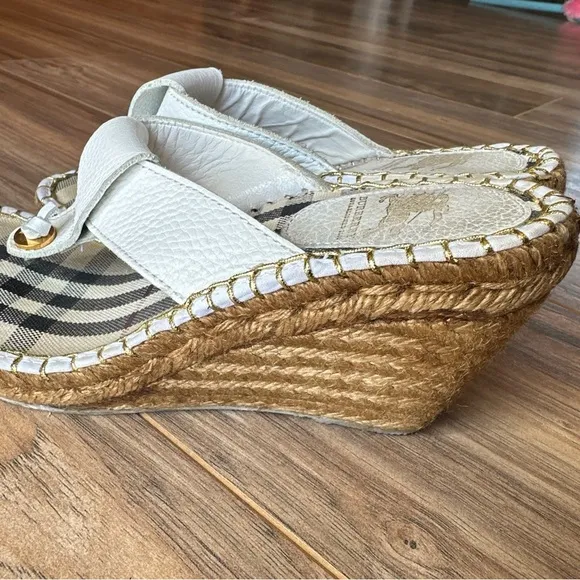 Burberry Nova Check Espadrilles Wedge Sandals Size US 7 EU 37 White Leather