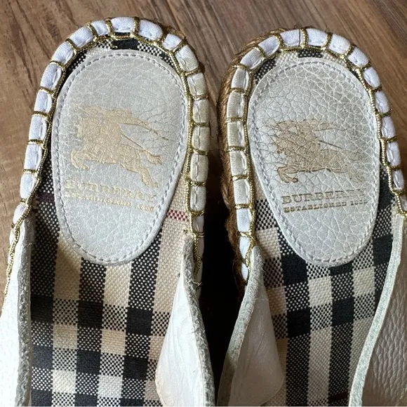 Burberry Nova Check Espadrilles Wedge Sandals Size US 7 EU 37 White Leather