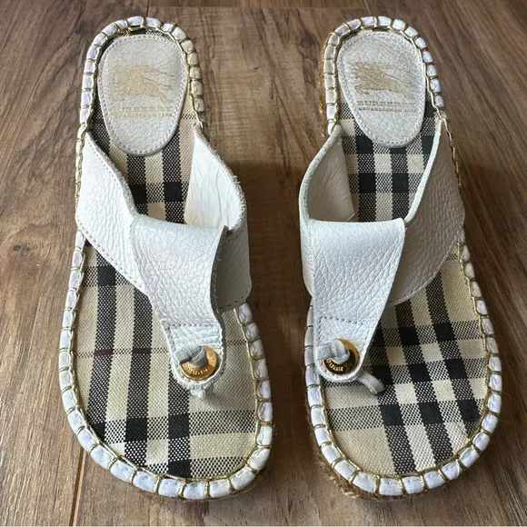 Burberry Nova Check Espadrilles Wedge Sandals Size US 7 EU 37 White Leather