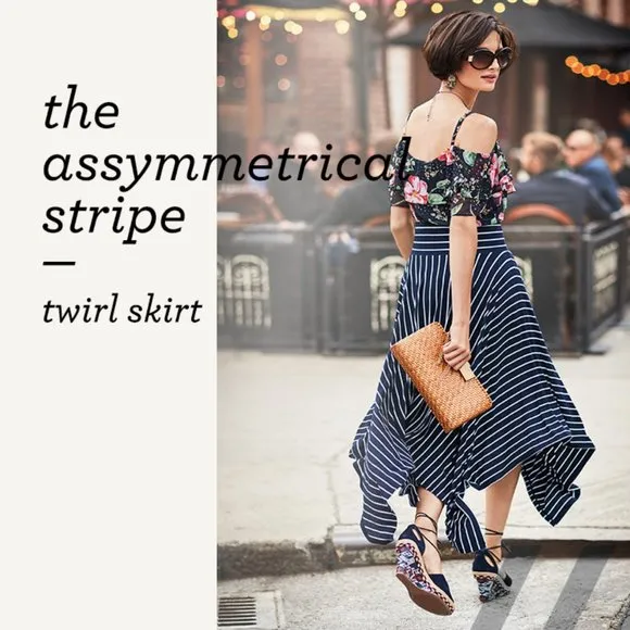 Cabi Striped Navy and White Handkerchief &quot;Twirl&quot; Midi Skirt