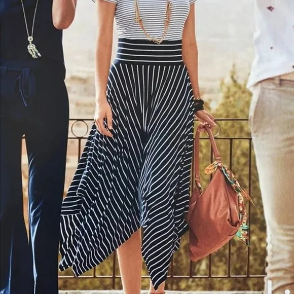 Cabi Striped Navy and White Handkerchief &quot;Twirl&quot; Midi Skirt