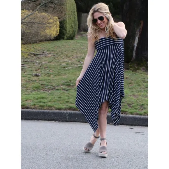 Cabi Striped Navy and White Handkerchief &quot;Twirl&quot; Midi Skirt