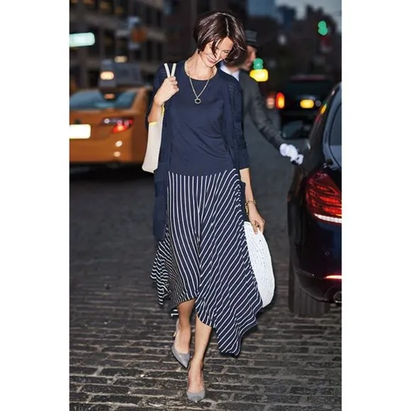 Cabi Striped Navy and White Handkerchief &quot;Twirl&quot; Midi Skirt