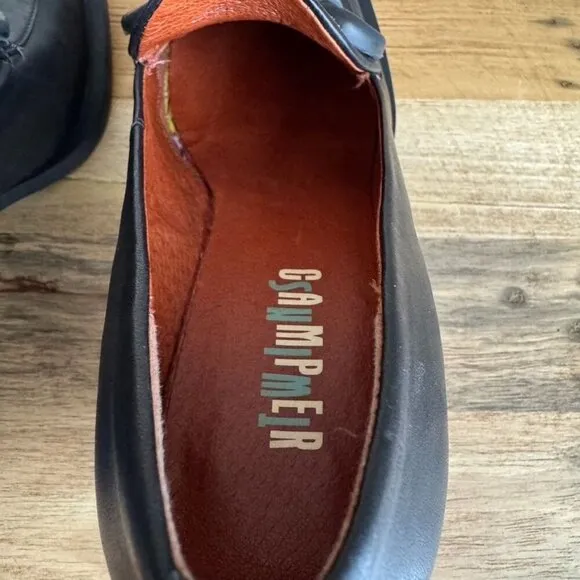 Camper Twins Formal Bit Loafer Black Leather Square Toe Rubber Sole Curved Heel