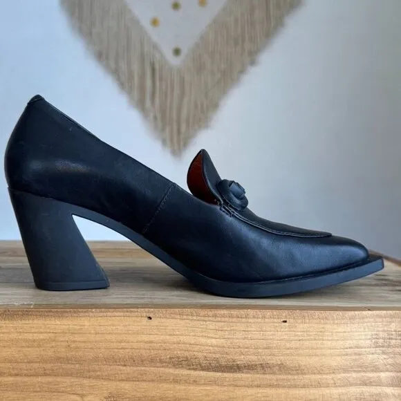 Camper Twins Formal Bit Loafer Black Leather Square Toe Rubber Sole Curved Heel