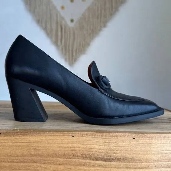Camper Twins Formal Bit Loafer Black Leather Square Toe Rubber Sole Curved Heel