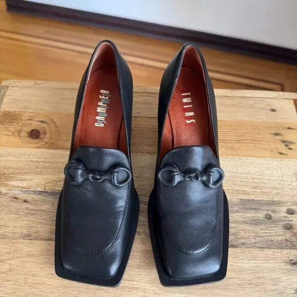 Camper Twins Formal Bit Loafer Black Leather Square Toe Rubber Sole Curved Heel