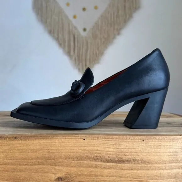 Camper Twins Formal Bit Loafer Black Leather Square Toe Rubber Sole Curved Heel