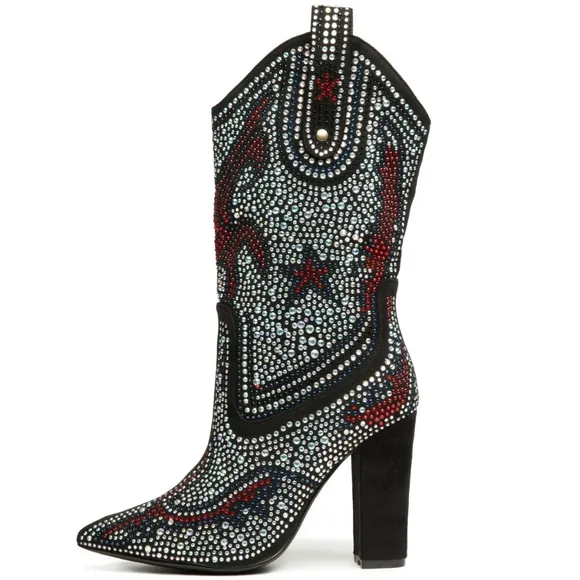 Cape Robbin Beautiful Rhinestone Cowgirl Boots 4&quot; Block Heel Western Black