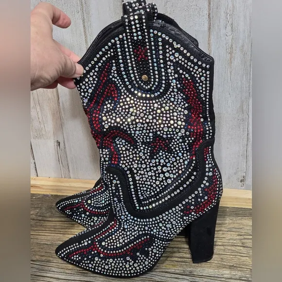 Cape Robbin Beautiful Rhinestone Cowgirl Boots 4&quot; Block Heel Western Black