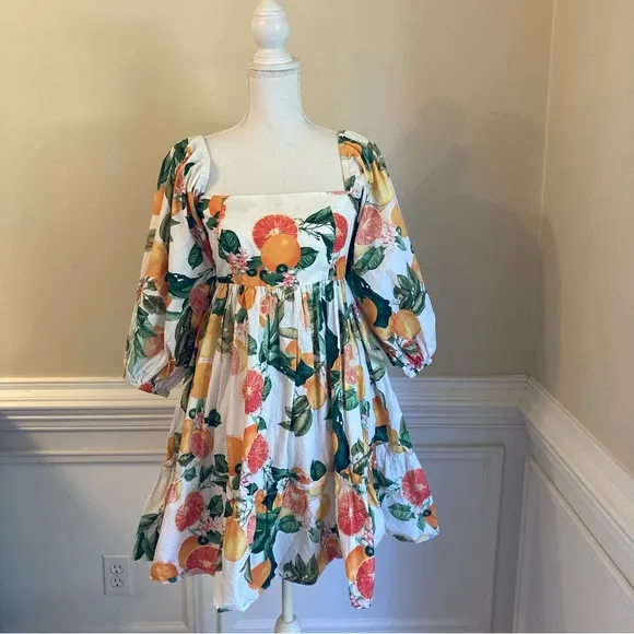CARA CARA Sip Sip White Fruit Puff Sleeve Short Dress