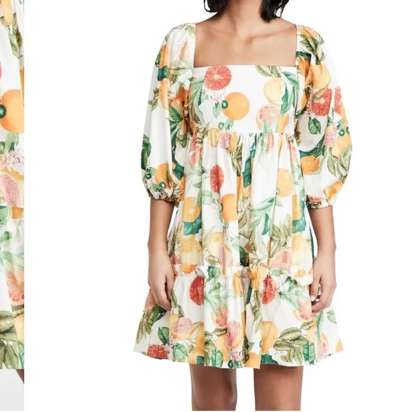 CARA CARA Sip Sip White Fruit Puff Sleeve Short Dress