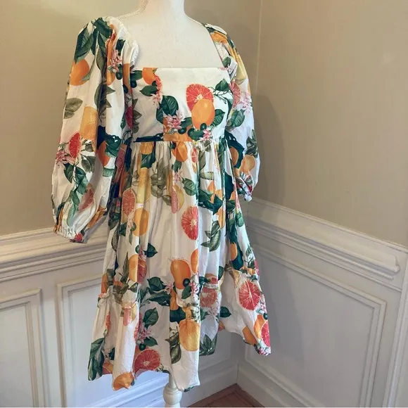 CARA CARA Sip Sip White Fruit Puff Sleeve Short Dress