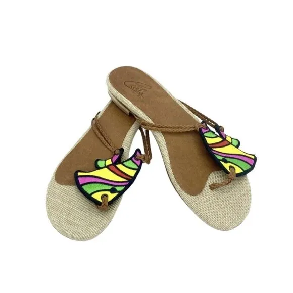Carla Saint Barth Thong Sandals Multi Color Fish Embroidery SZ 38.5 EU 8 US NIB