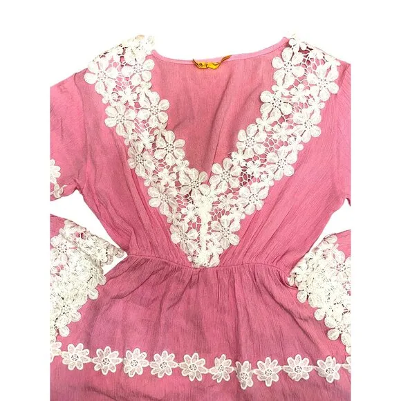 CCC Daisy Lace Trim Long Sleeve Pink Boho Dress Floral Cotton Embroidery Size LG