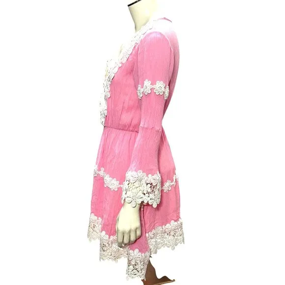 CCC Daisy Lace Trim Long Sleeve Pink Boho Dress Floral Cotton Embroidery Size LG