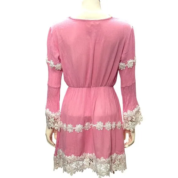 CCC Daisy Lace Trim Long Sleeve Pink Boho Dress Floral Cotton Embroidery Size LG
