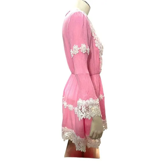 CCC Daisy Lace Trim Long Sleeve Pink Boho Dress Floral Cotton Embroidery Size LG