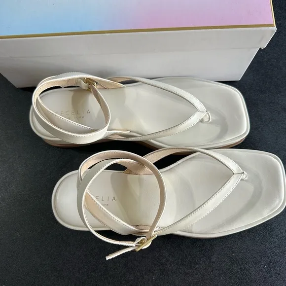 Cecelia New York Minimalist Cream Thong Sandals with Ankle Strap new