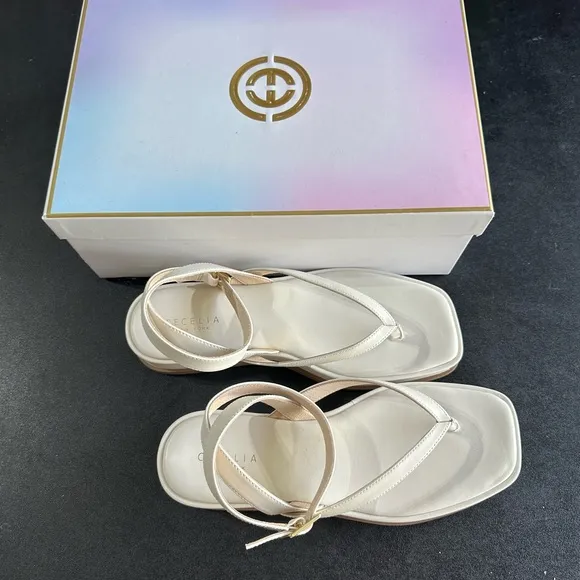 Cecelia New York Minimalist Cream Thong Sandals with Ankle Strap new