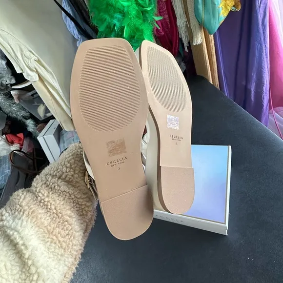 Cecelia New York Minimalist Cream Thong Sandals with Ankle Strap new