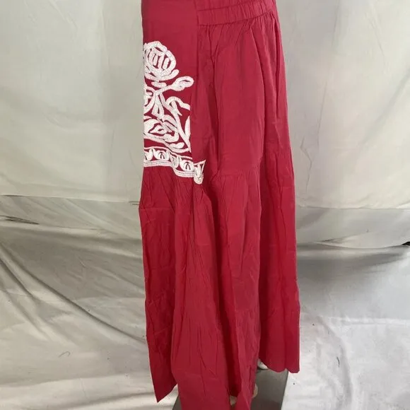 Chakeris Women’s Floral Embroidered Midi Skirt Red/White Size L Full A-Line Skir