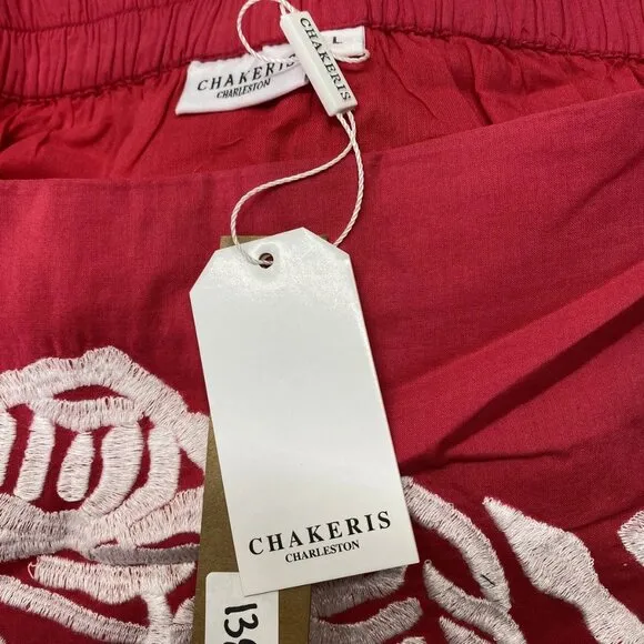 Chakeris Women’s Floral Embroidered Midi Skirt Red/White Size L Full A-Line Skir