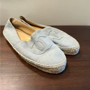 CHANEL Light Blue Suede Leather Espadrille Flats Shoes 37