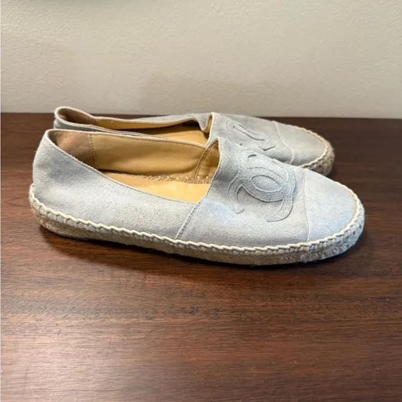 CHANEL Light Blue Suede Leather Espadrille Flats Shoes 37