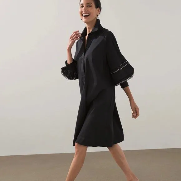 CHICO’S | Chic Balloon Sleeve Trim Black Dress A-Line Collared | Size 12/14