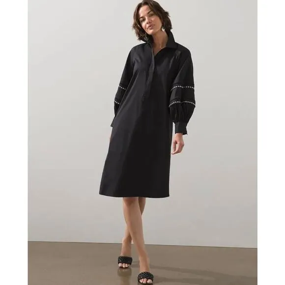 CHICO’S | Chic Balloon Sleeve Trim Black Dress A-Line Collared | Size 12/14