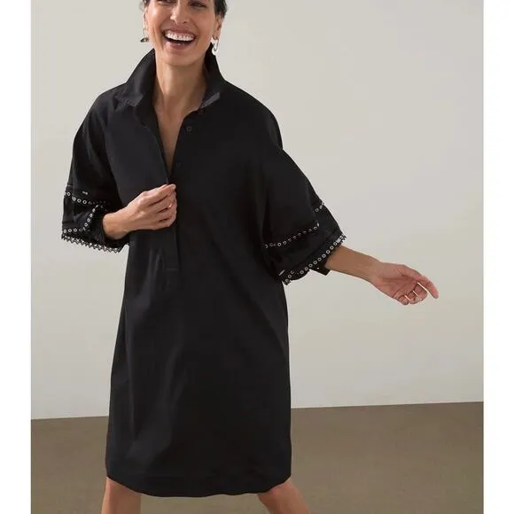 CHICO’S | Chic Balloon Sleeve Trim Black Dress A-Line Collared | Size 12/14
