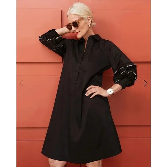 CHICO’S | Chic Balloon Sleeve Trim Black Dress A-Line Collared | Size 12/14