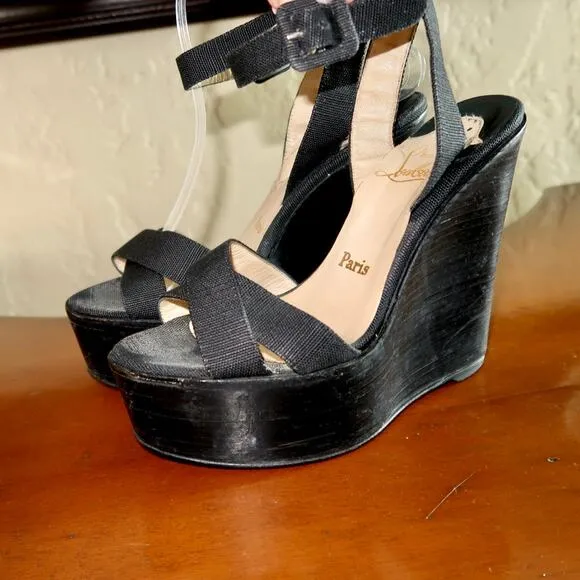 CHRISTIAN LOUBOUTIN Black Wedge Wrap Ankle Strap Sandals EU-38 US-7