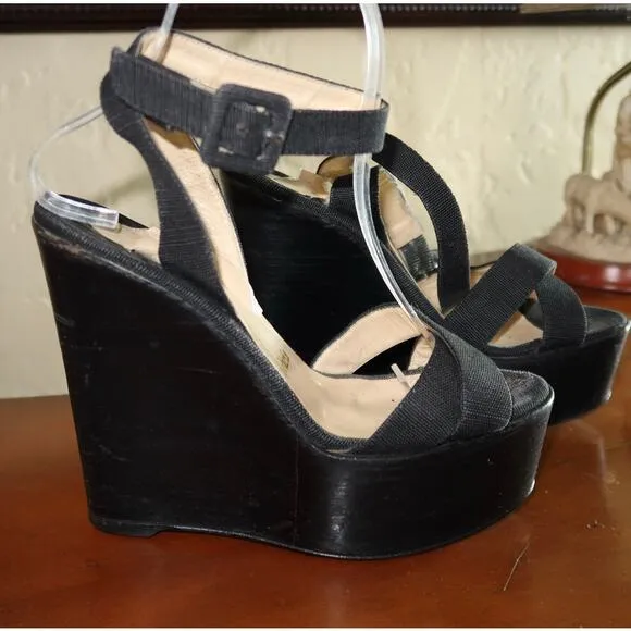 CHRISTIAN LOUBOUTIN Black Wedge Wrap Ankle Strap Sandals EU-38 US-7