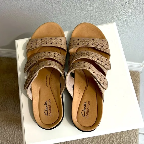 Clarks Collection: NEW Ultimate Comfort Tan Leather Sandals Velcro closure Sz 10
