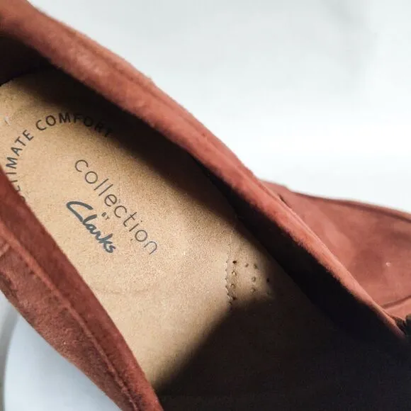 Clarks Trish Rose Slip On Comfort Rust Cognac Brown Penny Suede Loafers Size 9