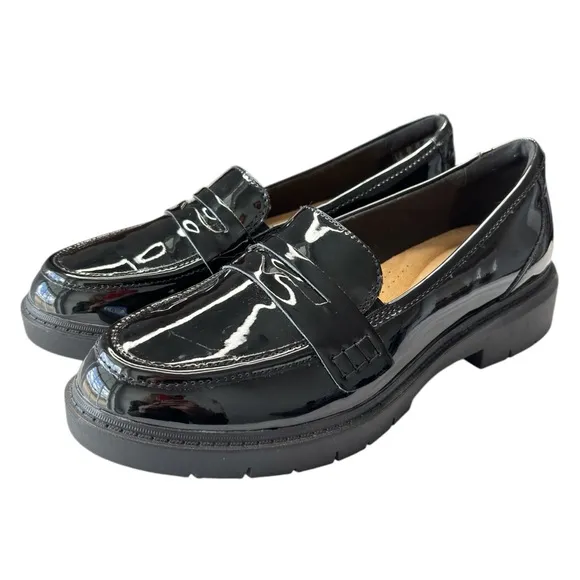 Clarks Westlynn Ayla Black Patent Leather Chunky Heeled Women’s Loafers Size 6.5