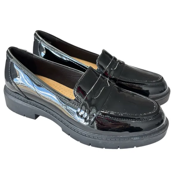 Clarks Westlynn Ayla Black Patent Leather Chunky Heeled Women’s Loafers Size 6.5
