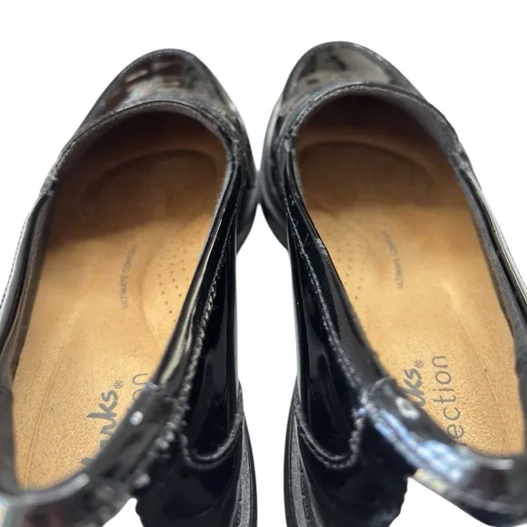 Clarks Westlynn Ayla Black Patent Leather Chunky Heeled Women’s Loafers Size 6.5