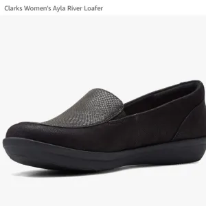Clarks Women's Ayla River Loafer - Black Snakeskin &amp; Suede Flat Shoes Size 8.5M