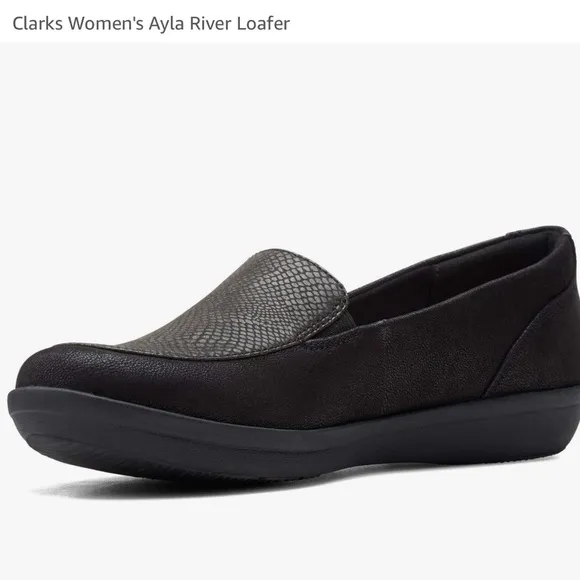 Clarks Women's Ayla River Loafer - Black Snakeskin &amp; Suede Flat Shoes Size 8.5M