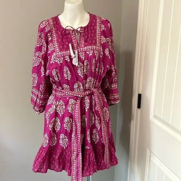 Cleobella Magdalena Mini Dress Mix Block Print Organic Hand Painted Sz M NEW