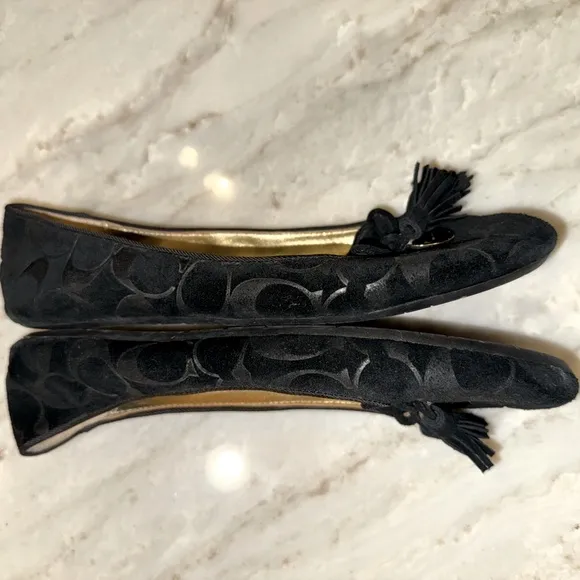 COACH Dahlia Signature Logo Embossed Suede Black Tassel Ballet Flats Shoes 8B