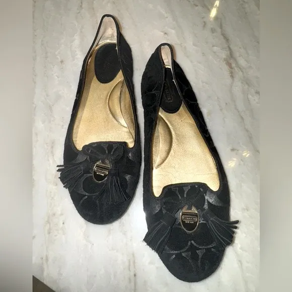 COACH Dahlia Signature Logo Embossed Suede Black Tassel Ballet Flats Shoes 8B