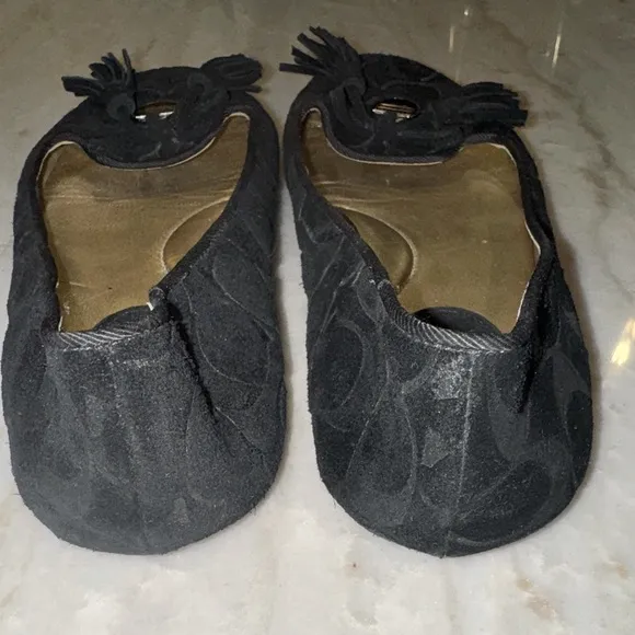 COACH Dahlia Signature Logo Embossed Suede Black Tassel Ballet Flats Shoes 8B