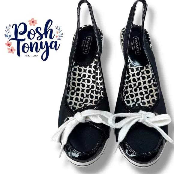 Coach Emilanna Black Slingback Sneaker Wedges A3301 Lace Up Sporty, Size 8