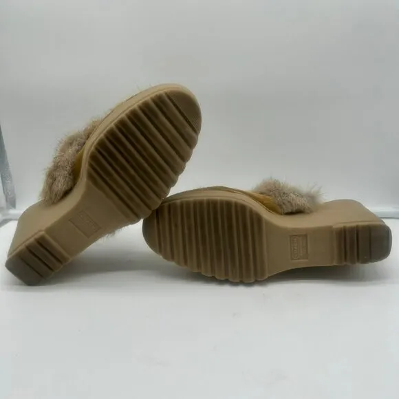 Coach Kaela Platform Mule Loafers Women 10 Tan Beige Brown Leather Suede Fur Y2K