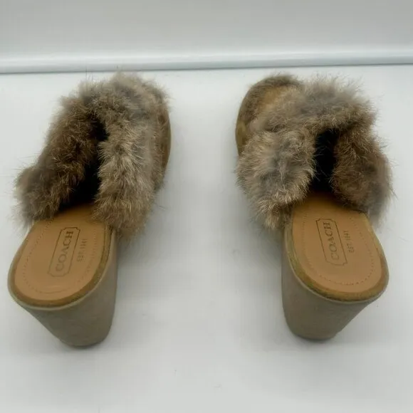 Coach Kaela Platform Mule Loafers Women 10 Tan Beige Brown Leather Suede Fur Y2K