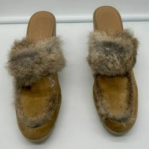 Coach Kaela Platform Mule Loafers Women 10 Tan Beige Brown Leather Suede Fur Y2K